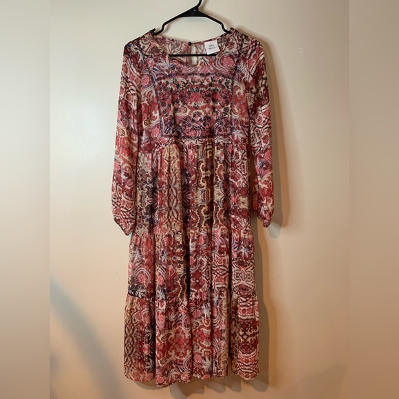Knox Rose Dresses & Skirts - Knox Rose Multicolor Long Sleeve Embroidered Sheer Midi Dress EUC